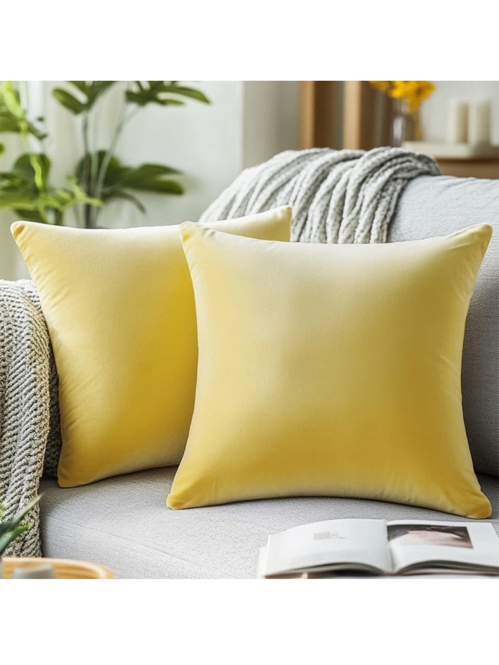 Yellow Velvet Pillow Covers 22x22 Inch Set Of 2, Soft Solid Decorative Square